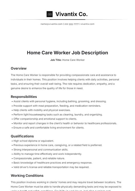 Free Home Care Worker Job Description Template to Edit Online