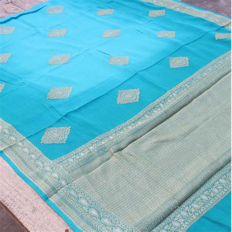Turquoise Blue Pure Chiffon Georgette Banarasi Handloom Saree - Tilfi