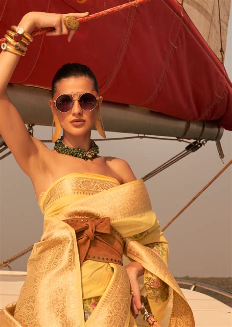 Lime Yellow Woven Pure Handloom Chinon Chiffon Banarasi Saree ...
