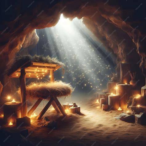 Premium Photo | Birth of Jesus Christ inside the cave with a wooden manger and star of Bethlehem ...