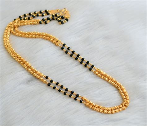 Gold tone black karimani beads double layer chain dj-41904 – dreamjwell