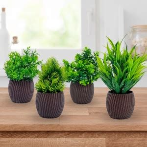 UZANIYA Decorative Set Of 4 Artificial Plant with Brown Pot for Home ...