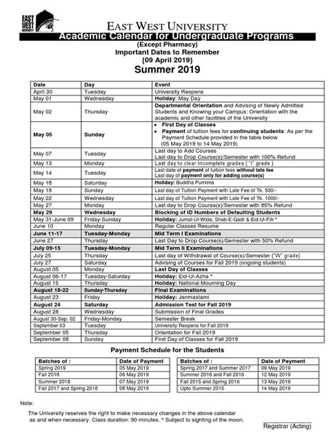 EWU Academic Calendar for Undergraduate Programs Summer 2019 | PDF ...