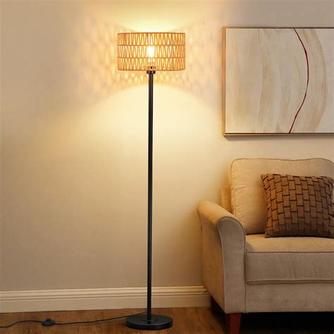 Rattan Floor Lamps for Living Room, Rattan Boho Floor Lamp, Black Metal ...