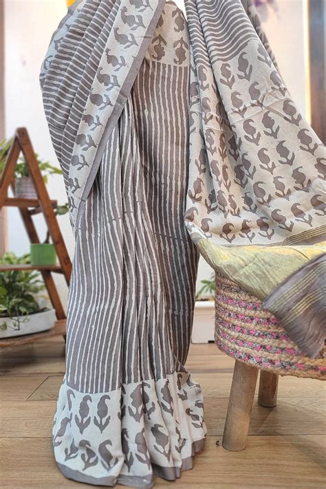 Grey Modal Silk Saree with Elephant Print & Gold Pallu – Faburra