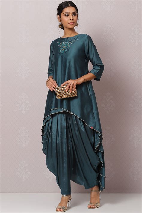 Buy Teal Flared Cotton Silk Fusion Wear 2 Piece Set Online at Biba India