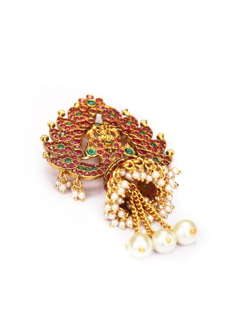 Peacock Blush - Multi-Color Kemp Stones Pearls Gold Plated Bun Hair Ac ...