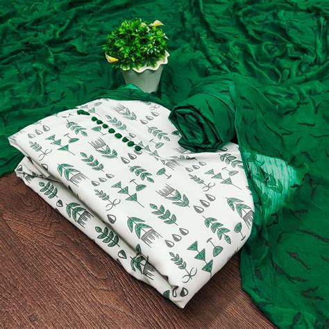 White & Green Floral Printed Cotton Blend Dress Material