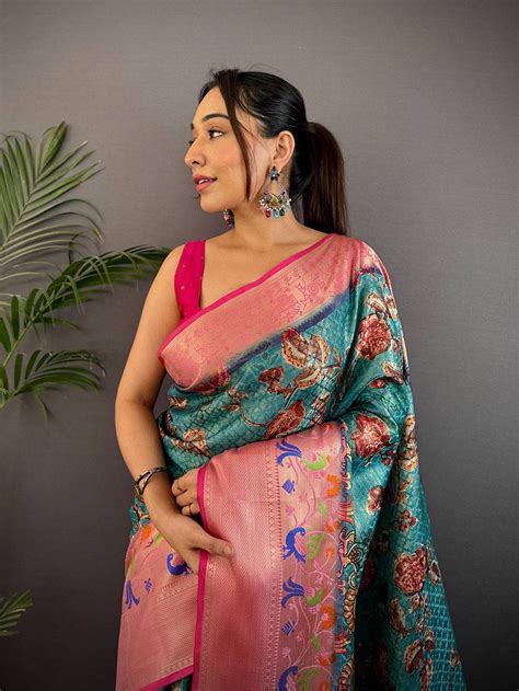 Teal Kora Muslin Kalamkari Floral Print Saree Online Vastranand