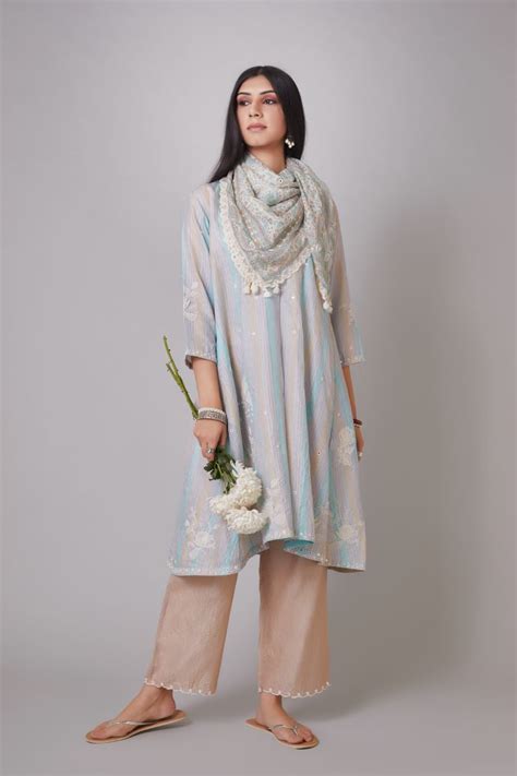 Buy - Kora blue and beige short kurta set | Elan Store