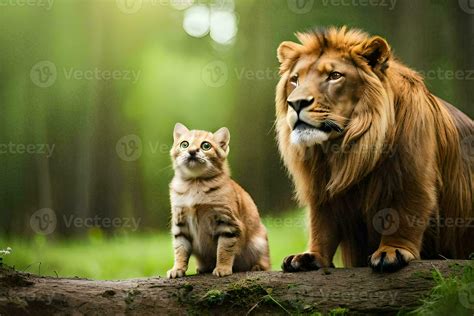 a lion and a cat are sitting on a log. AI-Generated 30856261 Stock ...