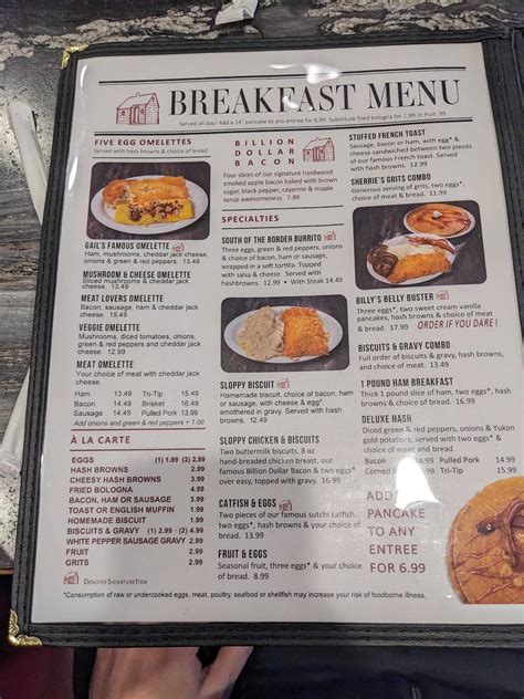 Menu at Billy Gail's cafe, Branson