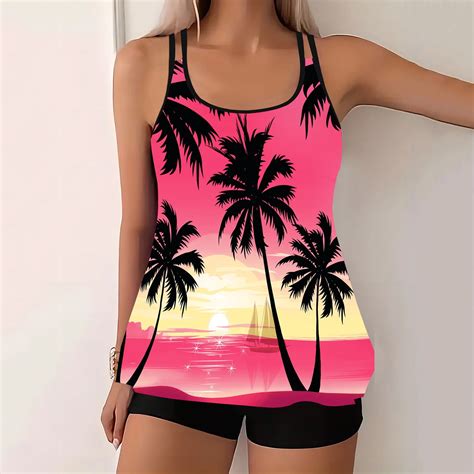 QUNYINEY Womens Swimsuits Tankini Two Piece Hawaiian Bathing Suit Crew ...