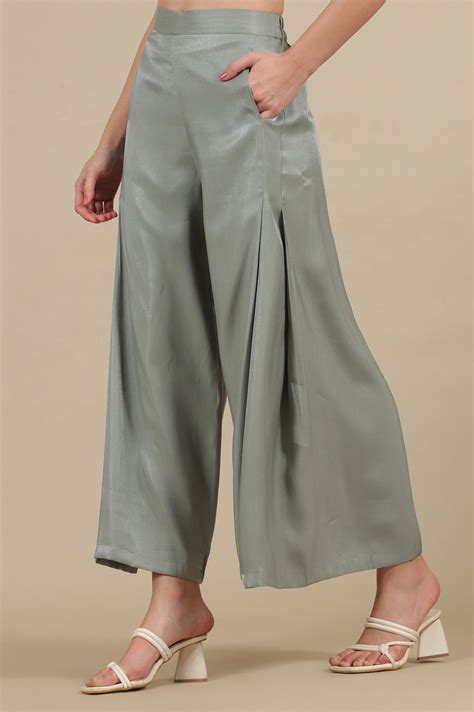 Buy Elleven Women's Grey Solid Flared Rayon Palazzo With Pleated Detail ...