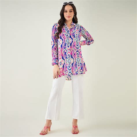 Blue and Pink Marine Wave Print Shirt – First Resort by Ramola Bachchan