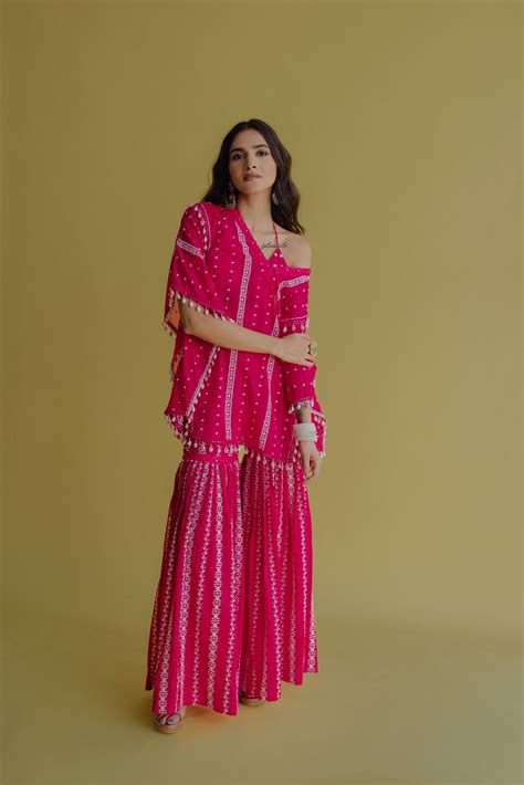 Alia Hot Pink Embroidered Cotton Kaftan, Blouse and Sharara Set