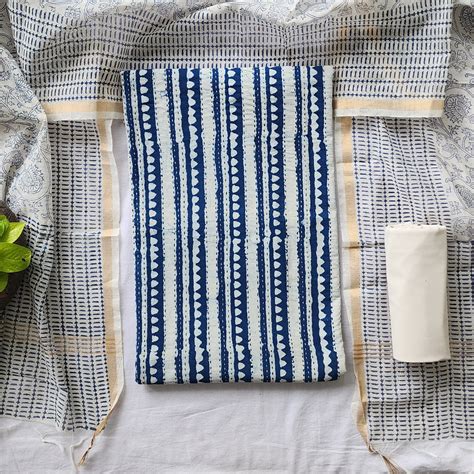 PARU -Pure Cotton Indigo With Katha Suit – Sanskruti