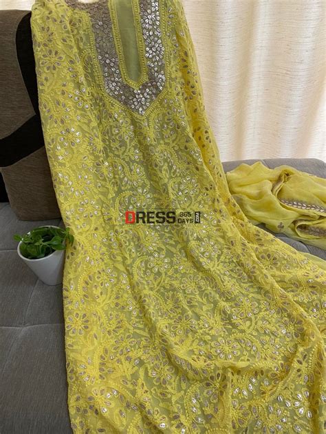 Yellow Chikankari Gota Patti Neckline Kurta Dupatta Set – Dress365days