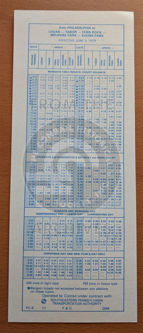 Conrail and SEPTA Schedule - Logan, Tabor, Fern Rock, Melrose Park ...