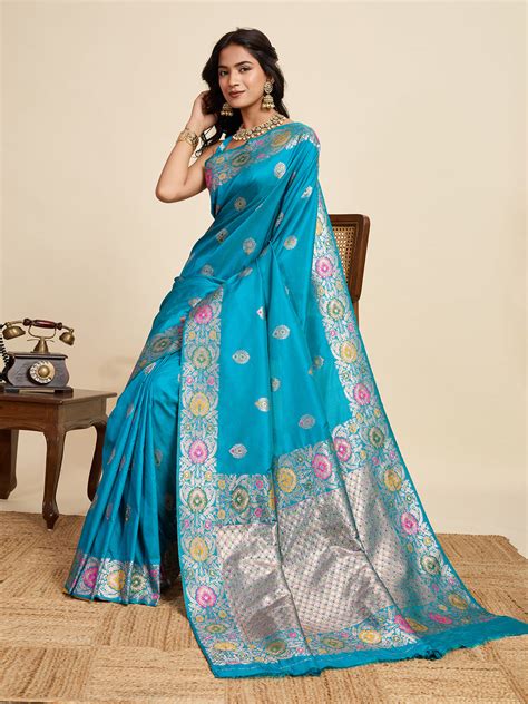 Buy Cyan Blue Pure Jacquard Fabrics With Sona Chandi Pure Zari Work ...