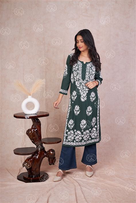 Buy Best Modal Fiza Bottle Green Lucknowi Chikan Kurta Online In India ...