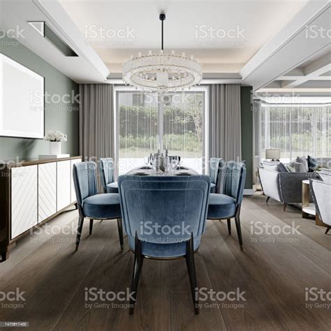 Dining In A Modern Living Room With A Trendy Sixperson Dining Table ...