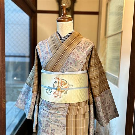 Autumn Check Harmony＊チェック 格子 縞 更紗模様 グレー ブラウン 紬着物 B322 | kimono tento