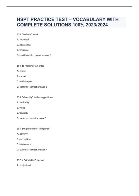HSPT PRACTICE TEST – VOCABULARY WITH COMPLETE SOLUTIONS 100% 2023/2024 ...