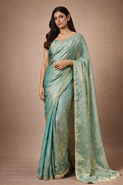 Buy Mira Light Blue Paper Silk Embroidered Saree Online - OMS India