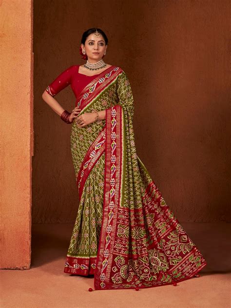 Ikat Printed Zari Border Silk Saree – Trendphoria
