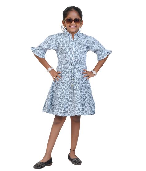 Girls' Blue and White Printed Shirt Dress with Belt – Tuc & Glo