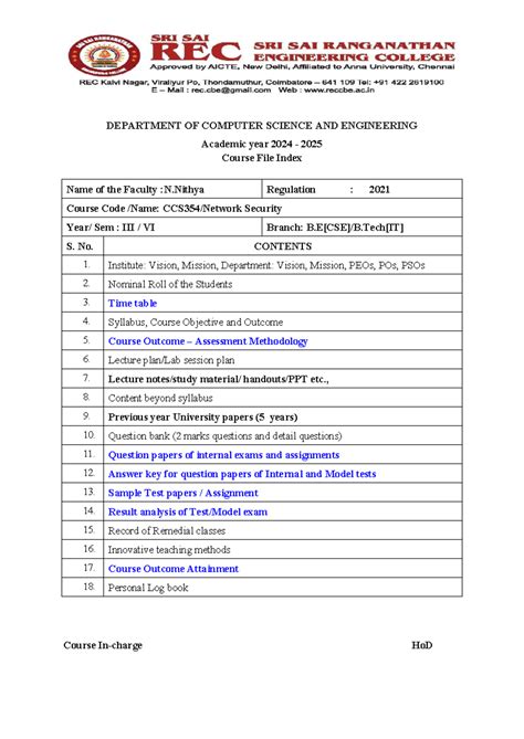 CSE VI Sem Network Security Course File Index 2024-2025 - Studocu