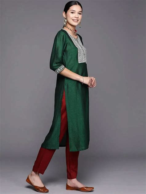 Buy Green Yoke Design Silk Straight Kurta Online at Rs.399 | Libas