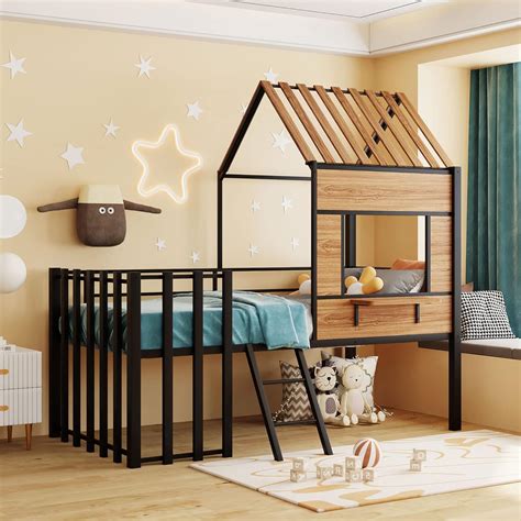Buy Kids House Bed Twin Size Low Loft Bed with Roof, Metal Loft Bed ...