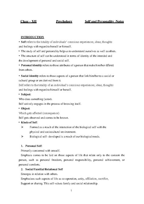 12 Psychology - Self and Personality - Comprehensive Study Notes - Studocu