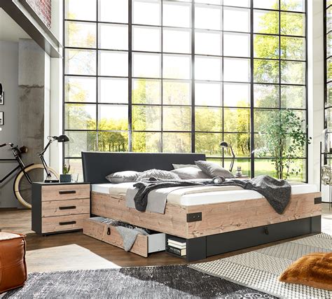 Lit adulte double + 2 chevets coloris imitation chêne/gris foncé ...