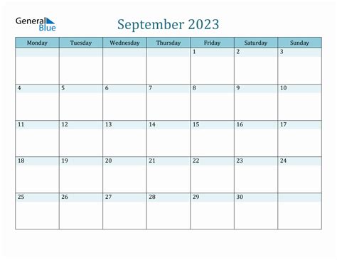 September 2023 Monthly Calendar Template - Monday Start