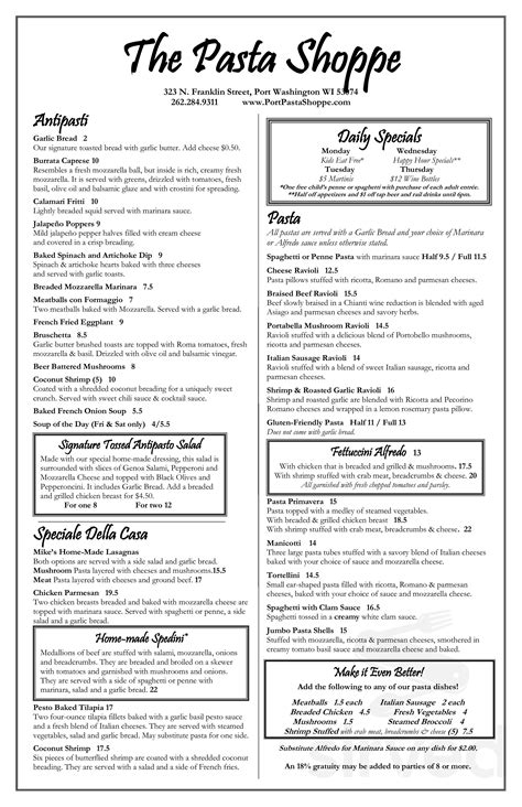 Menu for The Pasta Shoppe in Port Washington, WI | Sirved