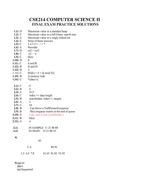 CSE214 final - answer - CSE214 COMPUTER SCIENCE II FINAL EXAM PRACTICE ...