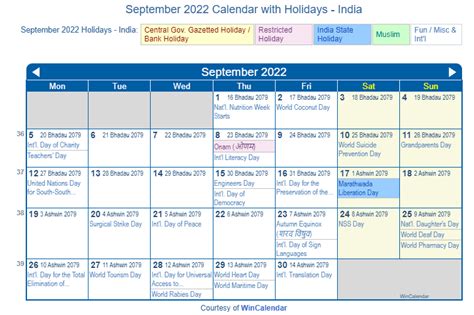 Print Friendly September 2022 India Calendar for printing