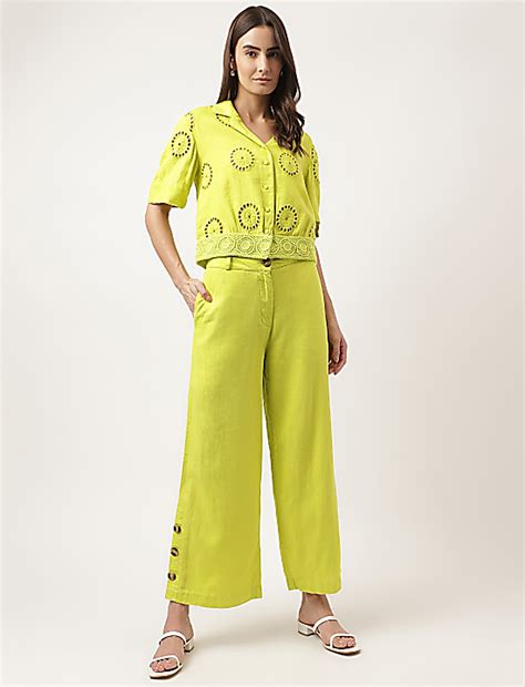 Buy Flax Mix Plain Regular Fit Trousers at Marks & Spencer