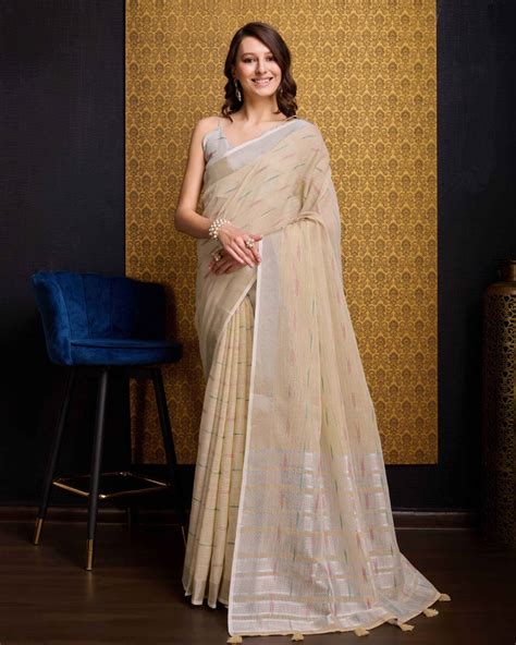 Chiku Elegant & Gold-Toned Ikat Woven Saree with Zari Bo