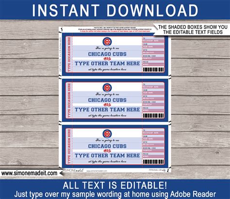 Chicago Cubs Game Ticket Gift Voucher | Printable Surprise Baseball Tickets