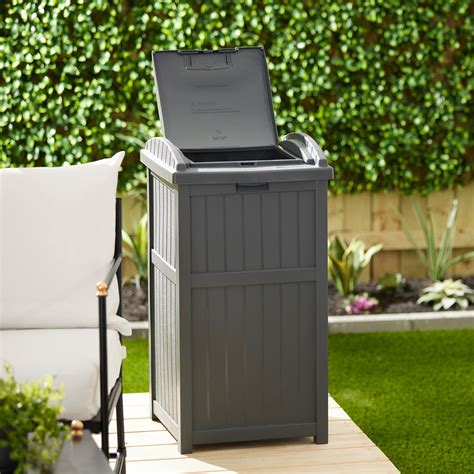 Suncast Trashcan Hideaway Outdoor 33 Gallon Garbage Trash Waste Bin ...