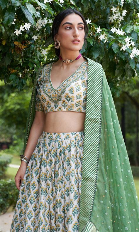 Kainaat - Green Block Printed V-Neck Blouse With Lehenga And Dupatta ...