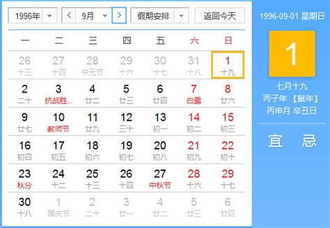 1996年农历阳历对照表 1996年老黄历查询表 一九九六年日历_起名网