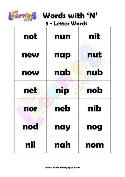 Download free printable 3 LETTER WORD STARTING WITH N