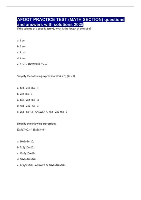 AFOQT PRACTICE TEST (MATH SECTION) questions and answers with solutions ...