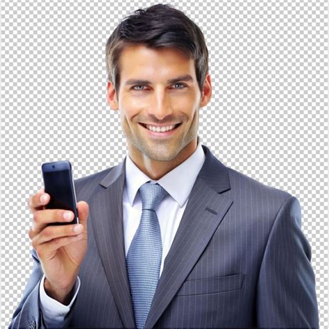 Handsome business guy with mobile phone on transparent background ...