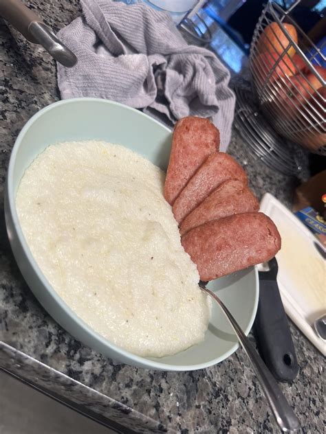 [homemade] grits *butter and sugar added* and spam : r/food